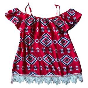 Red Printed Cold Shoulder Women Top, M